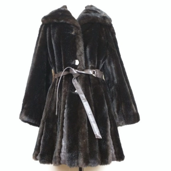 Vintage Jackets & Blazers - Vintage 70s Dark Brown Faux Fur Coat with Belt